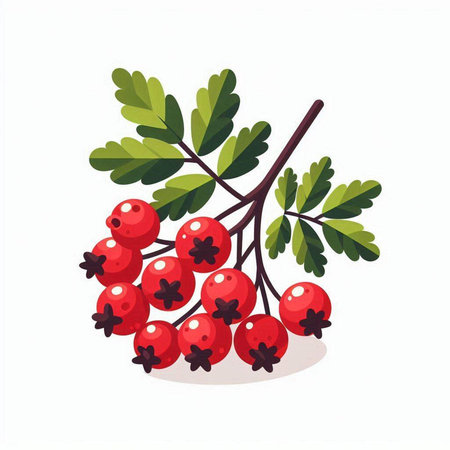 Red rowan berry with green leaves isolated on white background. Vector illustration.のイラスト素材