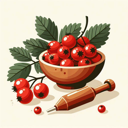 Vector illustration of a bowl of red currant berries with a wooden spoon.のイラスト素材