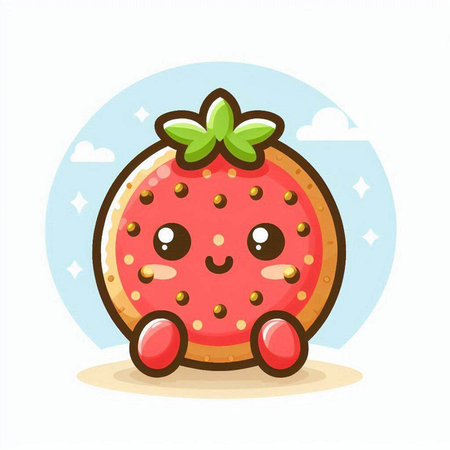 Strawberry cookie cartoon character with cute face. Vector illustration.のイラスト素材