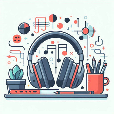 Vector illustration of headphones and stationery on the table. Flat line art design for web, site, advertising, banner, poster, board and print.のイラスト素材