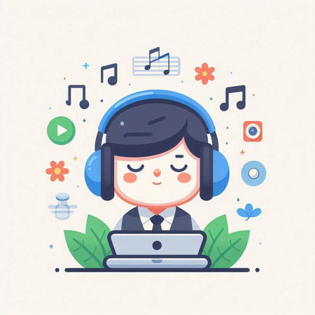 Cute boy with headphones and laptop. Vector illustration in flat style.のイラスト素材