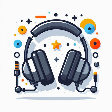 Headphones with microphone and star. Vector illustration in flat style.のイラスト素材