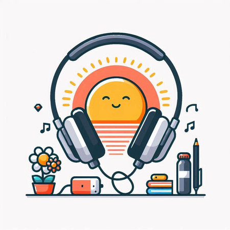 Vector illustration of headphones and sun on white background. Line art style.のイラスト素材