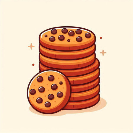 Illustration of a stack of chocolate chip cookies on a light backgroundのイラスト素材