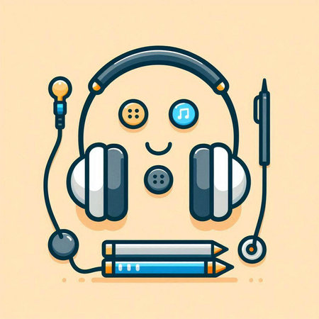 Cute cartoon character with headphones and pencils, vector illustration.のイラスト素材