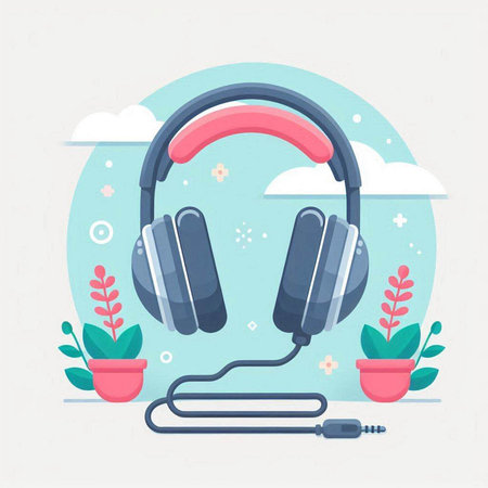Headphones with headphones. Flat design vector illustration. Music concept.のイラスト素材