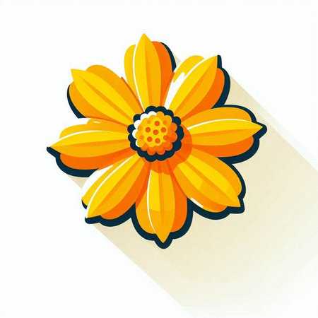 Yellow flower with long shadow on white background. Vector illustration. Flat design.のイラスト素材