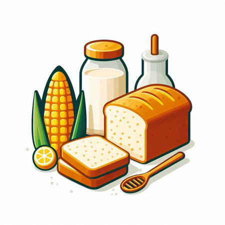 Illustration of bread, milk, butter and corn on white backgroundのイラスト素材