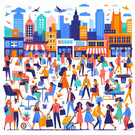 People shopping in the city. Vector illustration of people walking in the street.のイラスト素材