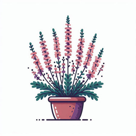 Flowerpot with heather flowers. Vector illustration in flat styleのイラスト素材