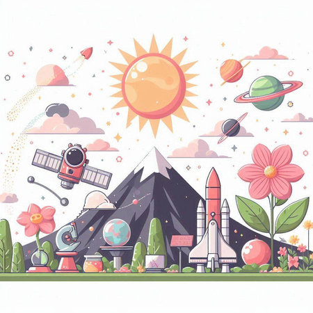 Vector illustration of a space landscape with planets, stars, rocket, sun and flowers.のイラスト素材