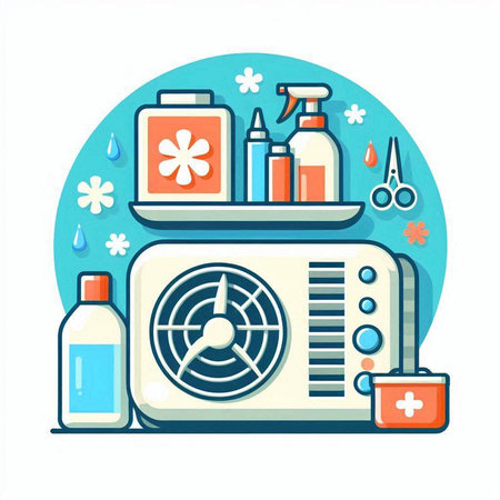 Vacuum cleaner flat color vector illustration. Air conditioner, liquid soap, sanitizer, shower gel, spray bottle, scissors isolated cartoon object on white backgroundのイラスト素材
