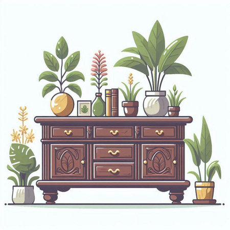 Illustration of a cabinet with different home plants. Vector illustration.のイラスト素材