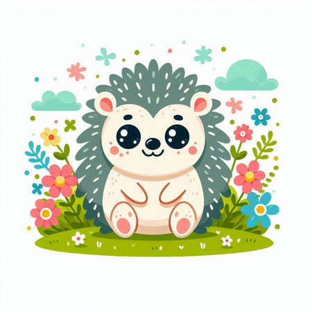Cute hedgehog sitting on the grass with flowers. Vector illustration.のイラスト素材