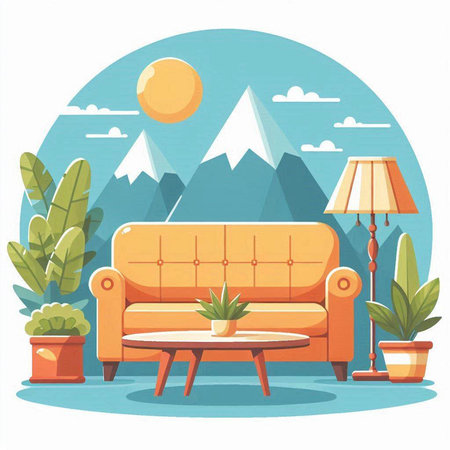 Living room with sofa, bookshelf, lamp and plants. Vector illustration.のイラスト素材