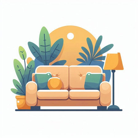 Living room with sofa, lamp and plants. Vector illustration in flat styleのイラスト素材