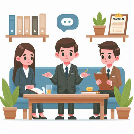 Businessman and businesswoman sitting at table in office. Man and woman working with documents and talking to each other. Vector illustrationのイラスト素材