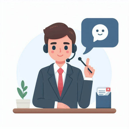 Vector illustration of a customer service agent with a headset and a microphone.のイラスト素材