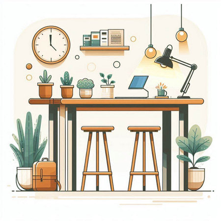 Interior of a modern office. Workplace with desk, chair, laptop and plants. Vector illustrationのイラスト素材