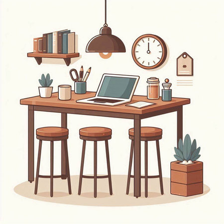 Vector illustration of a workplace with a laptop, bookshelf, coffee cup, potted plant and clock.のイラスト素材