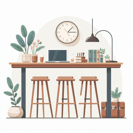 Interior of modern office workspace. Vector illustration in flat style.のイラスト素材