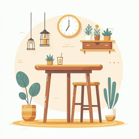 Coffee shop interior. Flat style vector illustration. Furniture and table.のイラスト素材