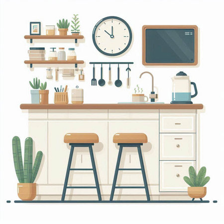 Kitchen interior design. Furniture and accessories. Flat vector illustration.のイラスト素材