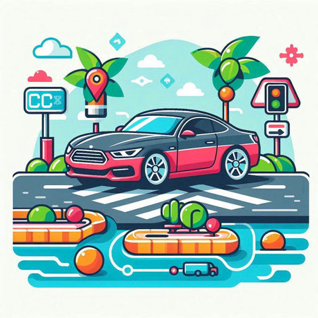 Car on the road in the city. Vector illustration in flat styleのイラスト素材