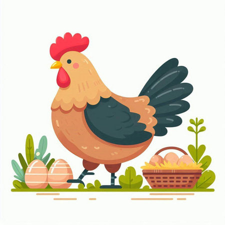 Cute chicken and basket of eggs. Vector illustration in flat styleのイラスト素材