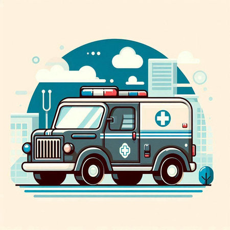 Ambulance car on the city background. Flat style vector illustration.のイラスト素材