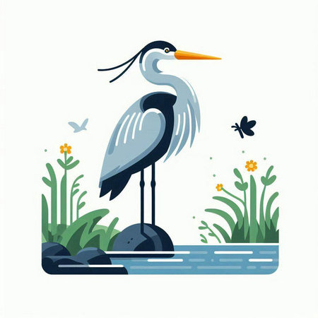 Heron on the shore of the river. Vector illustration in flat styleのイラスト素材