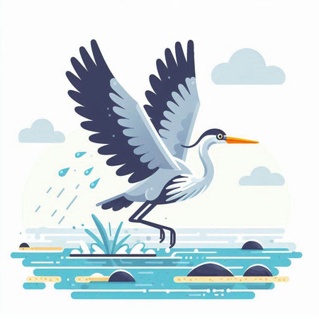 Grey heron bird flying over the water. Vector illustration in flat style.のイラスト素材