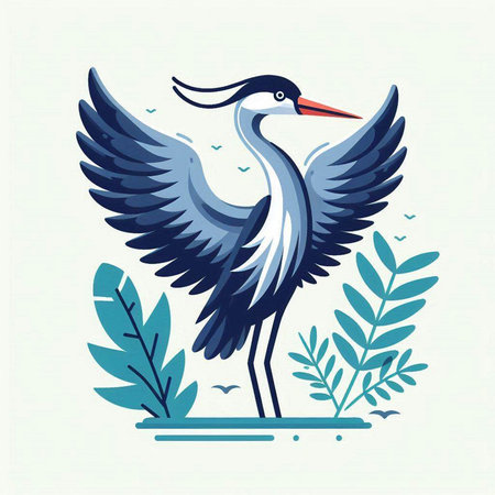 Blue heron on a background of leaves. Vector illustration in flat style.のイラスト素材