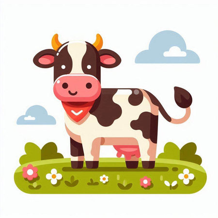 Cute cartoon cow on the meadow. Vector illustration in flat styleのイラスト素材