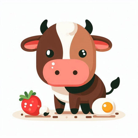 Cute cartoon cow with eggs and strawberries. Vector illustration on white background.のイラスト素材