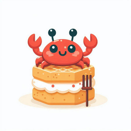Cute cartoon crab with a fork on a white background. Vector illustration.のイラスト素材