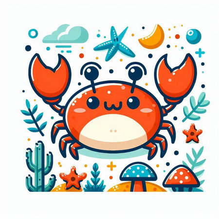 Cute crab cartoon character with sea life elements. Vector illustration.のイラスト素材
