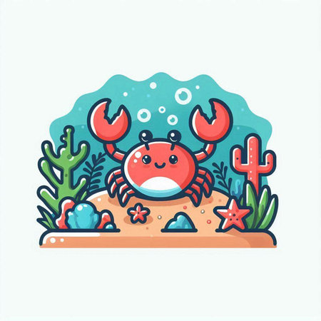 Cute cartoon crab on the seashore. Vector illustration.のイラスト素材