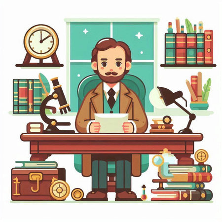 Cartoon businessman working at the desk in the office. Vector illustrationのイラスト素材