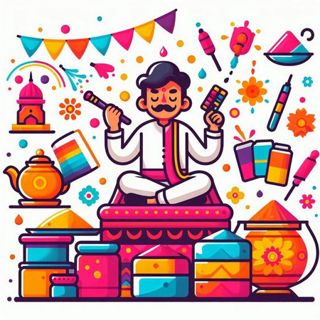 Indian Festival of Colorful Happy Holi Flat Vector Illustration.のイラスト素材