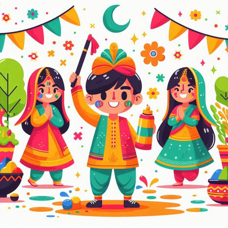 Indian kids in traditional costumes celebrating Diwali festival, cartoon vector illustrationのイラスト素材