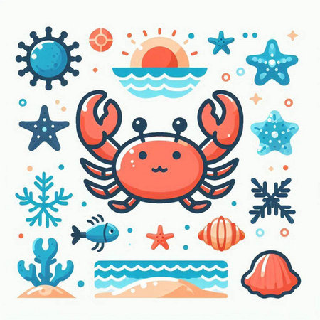 Cute crab, starfish, seashells and seaweed. Vector illustration.のイラスト素材