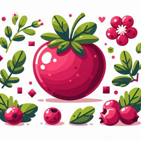 Cranberry vector illustration. Cute cartoon cranberry with leaves.のイラスト素材