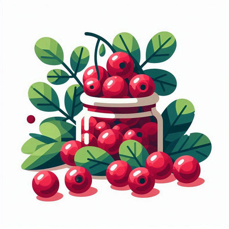 Cranberry jam in a glass jar with berries and leaves. Vector illustration.のイラスト素材