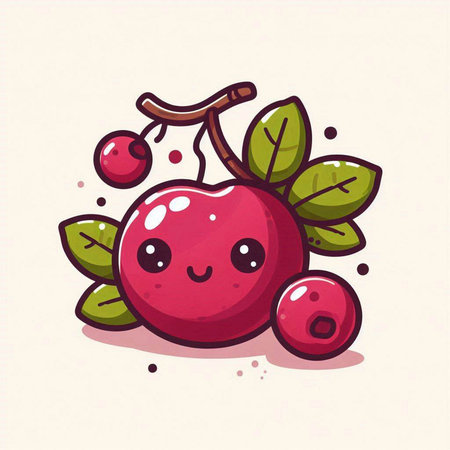 Cute cartoon cherry fruit with leaves and berries. Vector illustration.のイラスト素材