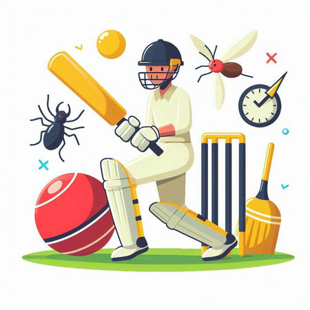 Cricket player batsman playing cricket. Vector flat cartoon illustrationのイラスト素材
