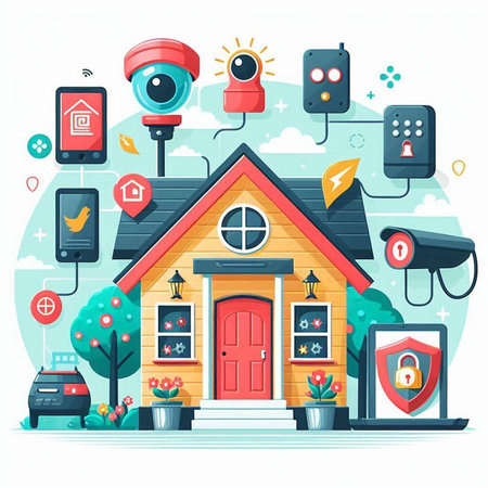 Smart home concept with smart house, security camera, security camera, home alarm system, remote control, vector illustrationのイラスト素材