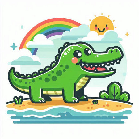 Cute crocodile on the beach with rainbow. Vector illustration.のイラスト素材