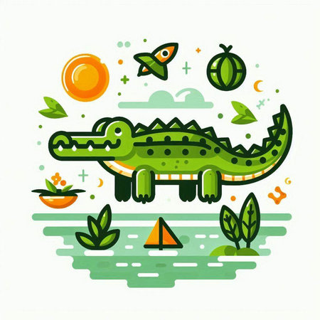 Crocodile and nature vector illustration. Cute cartoon crocodile.のイラスト素材