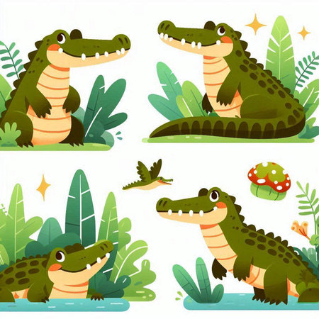 Crocodile in the jungle. Cute cartoon character. Vector illustration.のイラスト素材